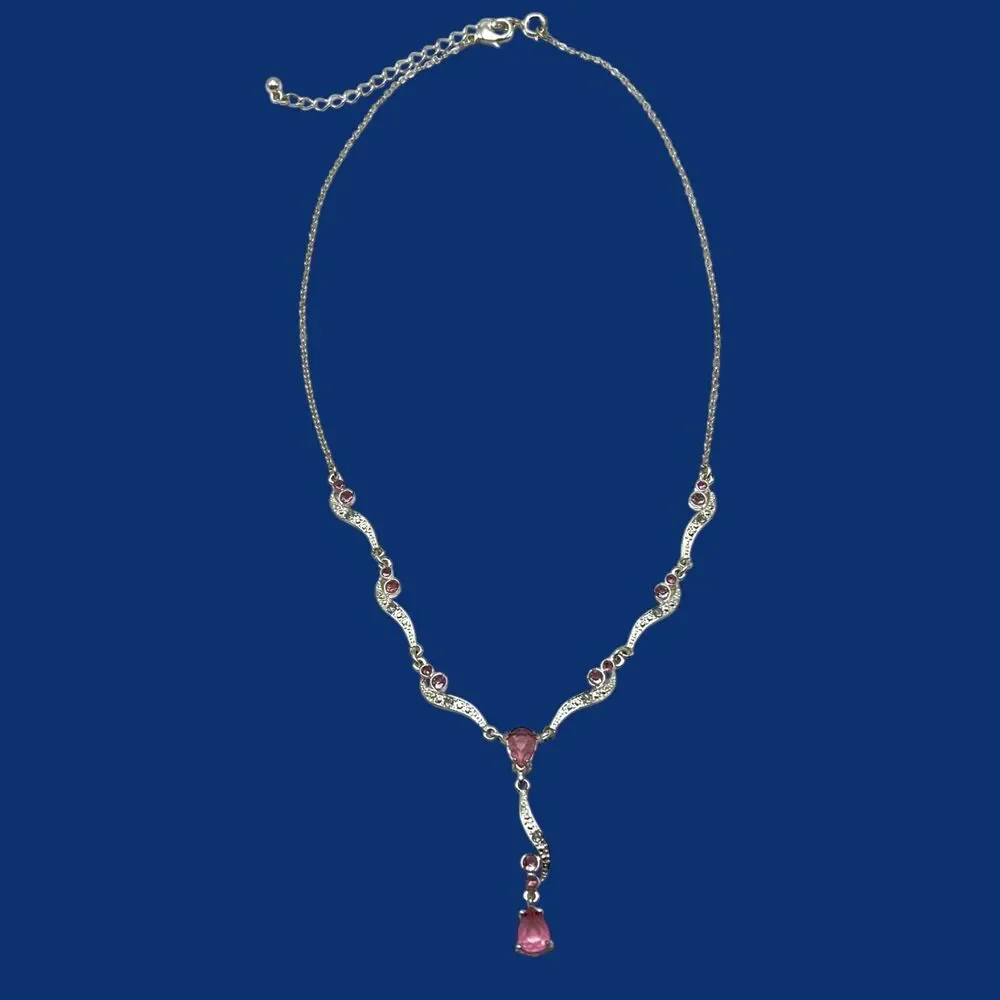Nina Ricci NR Necklace Pink Pear Rhinestone Silver Tone Y Drop Feminine 20